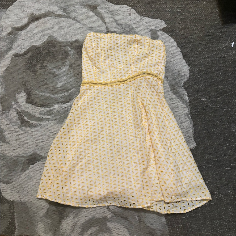 Yellow Strapless Dress with Eyelet Design